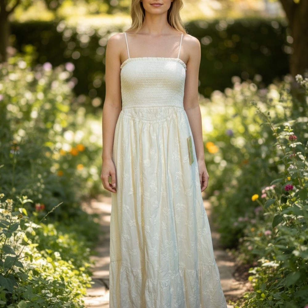 Trovata Birds Of Paradise Size L Tiered Maxi Dress Strappy Off White New 6007